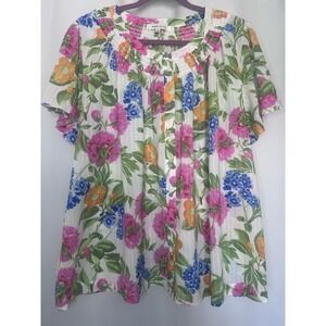Rose + Olive Size 2X Smocked Floral Blouse Button Up Tunic Short Sleeve Spring